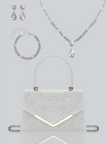 轻巧、商务、休闲时尚女士翻盖晚宴包，配有闪亮的奢华水钻吊坠项链、手链、耳环四件套，华丽精致的派对手提包，是派对女孩、新娘、大学生的完美钱包，配有可拆卸金属链的单肩斜挎包，非常适合舞会、宴会、派对、婚礼、节日派对 - 彩色 - 查看 4
