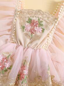 Conjunto de niña recién nacida, mono con mangas abullonadas y bordado de flores con diadema con lazo, ropa de verano - Rosa - Ver 7