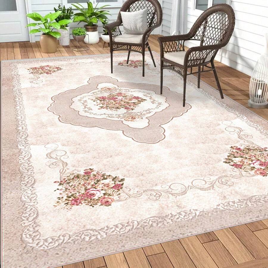 [5mm Thickness Crystal Velvet Flocked Bottom] 1pc Geometric Floral Pattern Carpet - Waterproof, Anti-Slip, Absorbent, Machine Washable, Soft Comfortable Mat, Suitable For Kitchen, Living Room, Bedroom, Hallway, Bathroom, Laundry Room - Easy To Clean, Carpet For Home Decor