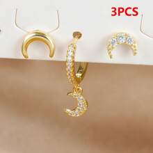 3pcs/Set Boucles d'oreilles pendentif étoile & lune plaquées or 18K, style femme, incrustées de zirconium cubique, boucles d'oreilles à tige en cuivre et acier inoxydable, boucles d'oreilles à vis, bijoux de perçage du cartilage - Ensemble de boucles d'oreilles 3 pièces - Voir 12