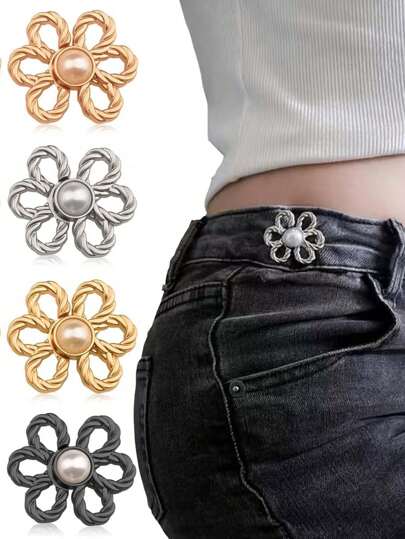 8pcs/4 Sets Flower Jeans Button Pant Waist Tightener, Adjustable Waist Buckle Sets No Sew And No Tools Detachable Decorative Waist Buckles, Jean Buttons Pins For Loose Jeans, Pants, Skirts, Sleeves