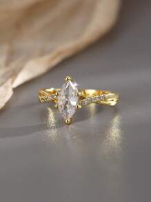 Charm-In 1pc Luxury Oval Cut Sparkling Cubic Zirconia Ring, Elegant Jewelry Gift For Girlfriend On Valentine's Day - Yellow Gold - View 1