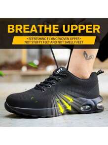 Letnie buty z poduszką powietrzną, wygodne, oddychające trampki robocze dla mężczyzn i kobiet, buty z metalowymi noskami, buty ochronne z zabezpieczeniem przed przebiciem i rozbiciem, unisexowe buty robocze - Czarne - Zobacz 3