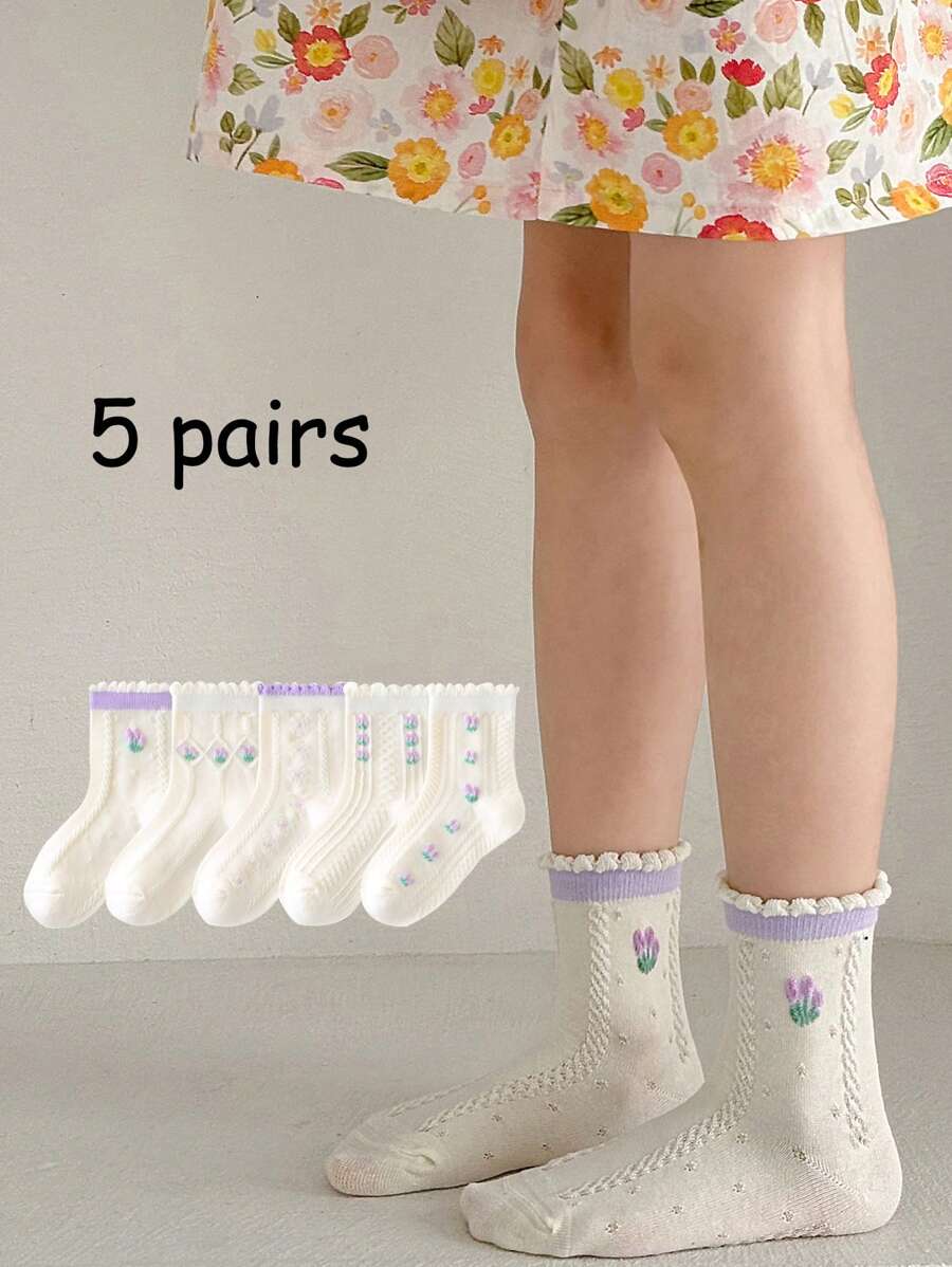 5 Pairs Cute Floral Lace Student Socks, Breathable Mesh Mid-Calf Socks, Versatile