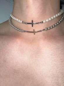 1 件不锈钢珍珠吊坠项链，男女通用派对/音乐节礼物 - 項鍊 - 查看 1