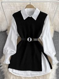 Liuhan Modasfeminina 2 peças/Conjunto Colete Com Manga De Lanterna Branca de Primavera e Colete De Malha De Ajuste Solto Com Frente Aberta Conjuntos De Roupas Em Camadas Para Mulheres 2025 Com Cinto