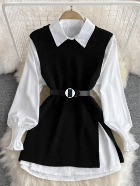 Liuhan Modasfeminina 2 peças/Conjunto Colete Com Manga De Lanterna Branca de Primavera e Colete De Malha De Ajuste Solto Com Frente Aberta Conjuntos De Roupas Em Camadas Para Mulheres 2025 Com Cinto