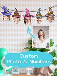 Pancarta personalizada con foto del rostro en sombrero de bruja, decoración de fiesta, pancarta personalizada con foto del rostro para cumpleaños, pancarta de cumpleaños, foto personalizada en pancarta (5 diseños)
