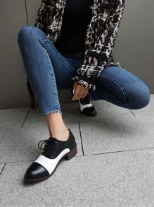 Women's Flat Oxford Shoes, New Collegiate Style Small Leather Shoes, Lace-Up Contrast Color Brogues