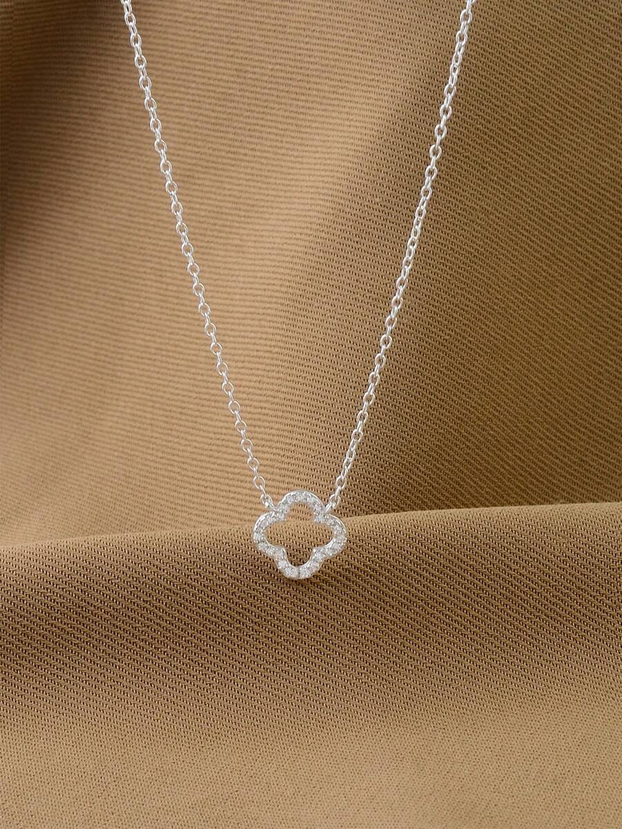 1 件 S925 纯银方晶锆石空心三叶草/花朵项链，时尚颈链，生日、情人节、日常、派对、周年纪念珠宝礼物