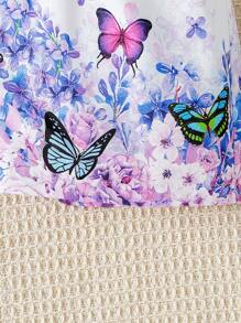 Young Girl Two Pieces Suspender Shorts Bow Purple Flower Print Fresh Suit - Purple - View 7