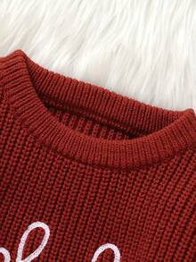 Suéter para bebé, manga larga, cuello redondo, letras, suéter de punto cálido de invierno, ropa infantil para niñas y niños - Rojo - Ver 5