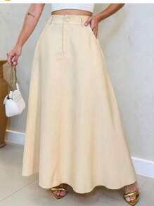 Elegant Long Tailored Evangelical Skirt For Women With Belt, Flared Social Model - 米色 - 查看 3