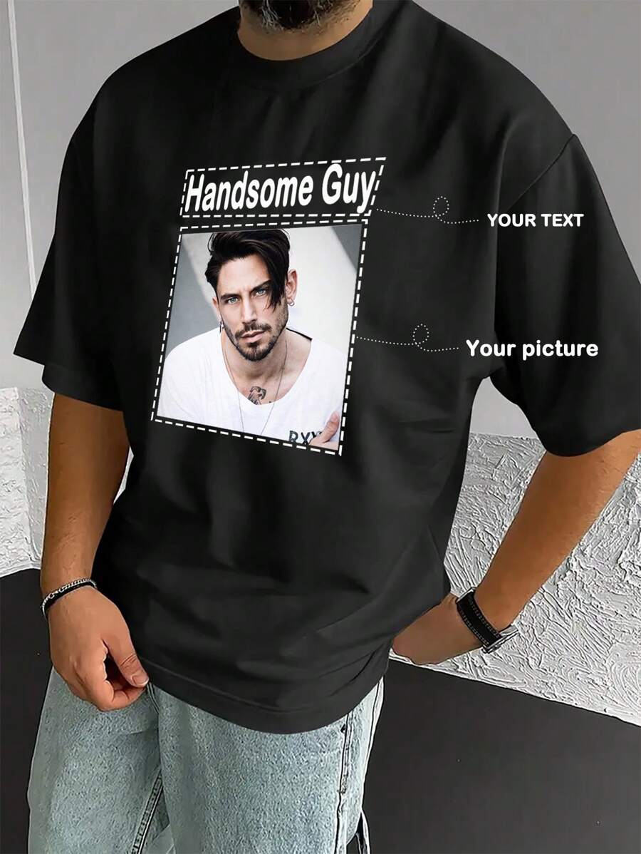[Customized] Men's T-Shirt Customization Service, Supports Front Text Plus Creative Patterns/Anime Designs/Couple Exclusive/Pet Photos/Selfie, Breathable & Fashionable Versatile Clothing For Summer