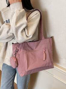 1个大容量帆布手提包，带零钱包，新款韩版学院风中学生背包休闲单肩包，帆布手提包，女士包带零钱包，适合购物、度假，时尚拉链手提包，大容量学生手提包，多隔层设计，适合海滩、学校、工作和日常使用，艺术风格背包，适合女性或学生，可装书本、购物袋、返校用品等。