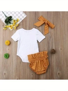 3Pcs Baby Girl Outfit Set Casual Letter Print Romper+Shorts+Headband Suits Infant Summer Clothes