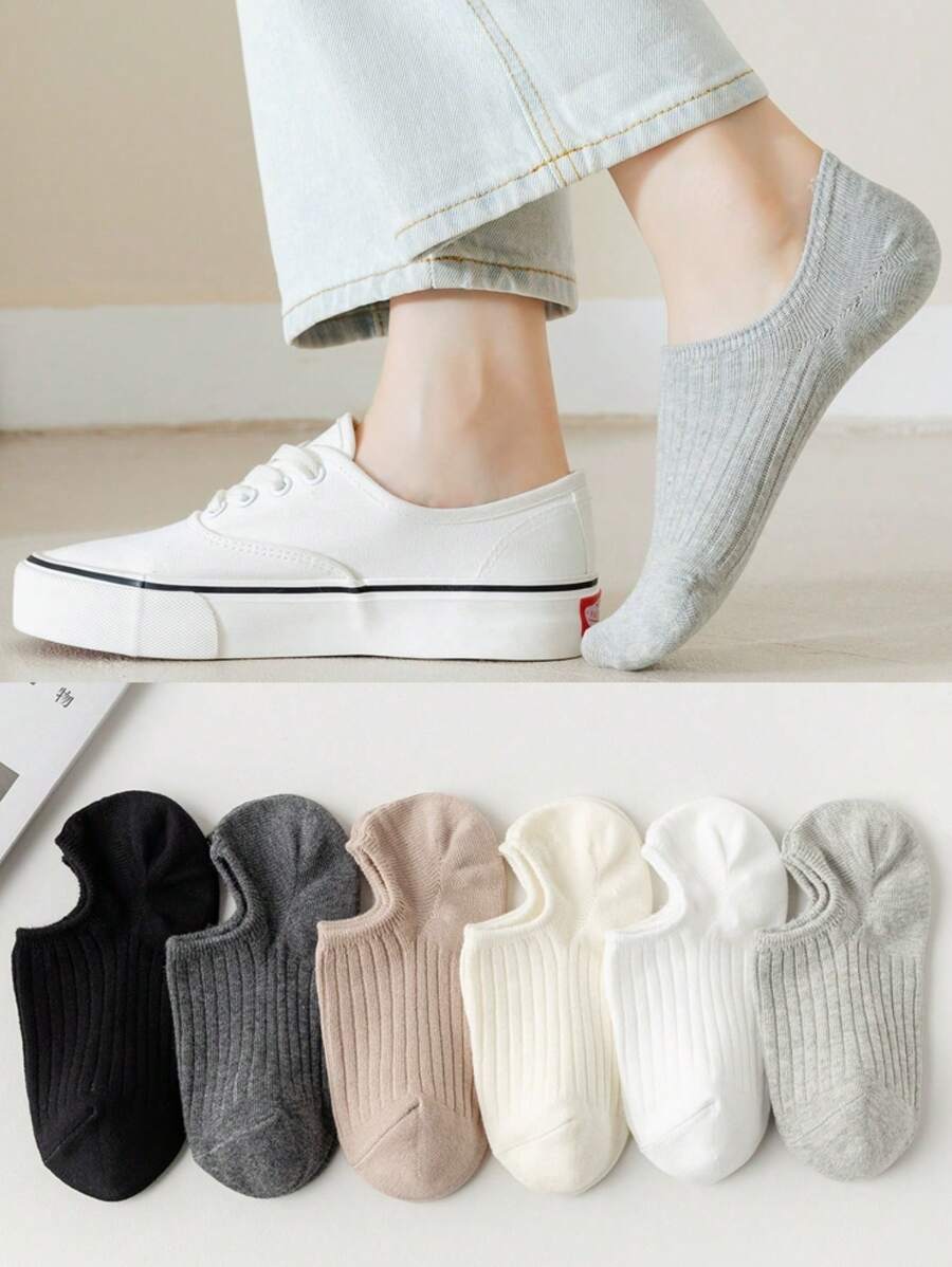 6pairs Socks For Women Invisible Low Vamp Spring And Summer Thin Vertical Striped Boat Socks Solid Color Short Socks - Multicolor - View 1
