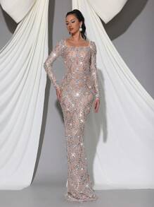 Modphy 手工亮片和水钻装饰透视网眼拼接 V 领长袖紧身连衣裙，正式伴娘婚礼宾客礼服，派对礼服，晚礼服 - 杏色 - 查看 3