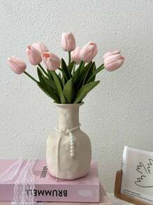 Plastic Vase And Tulip Artificial Flowers Set, Suitable For Home Decor, Living Room, Bedroom, Autumn Decor, Office Desk, Garden, Room Decor, Valentine's Day, Gift Gifts Birthday Graduation