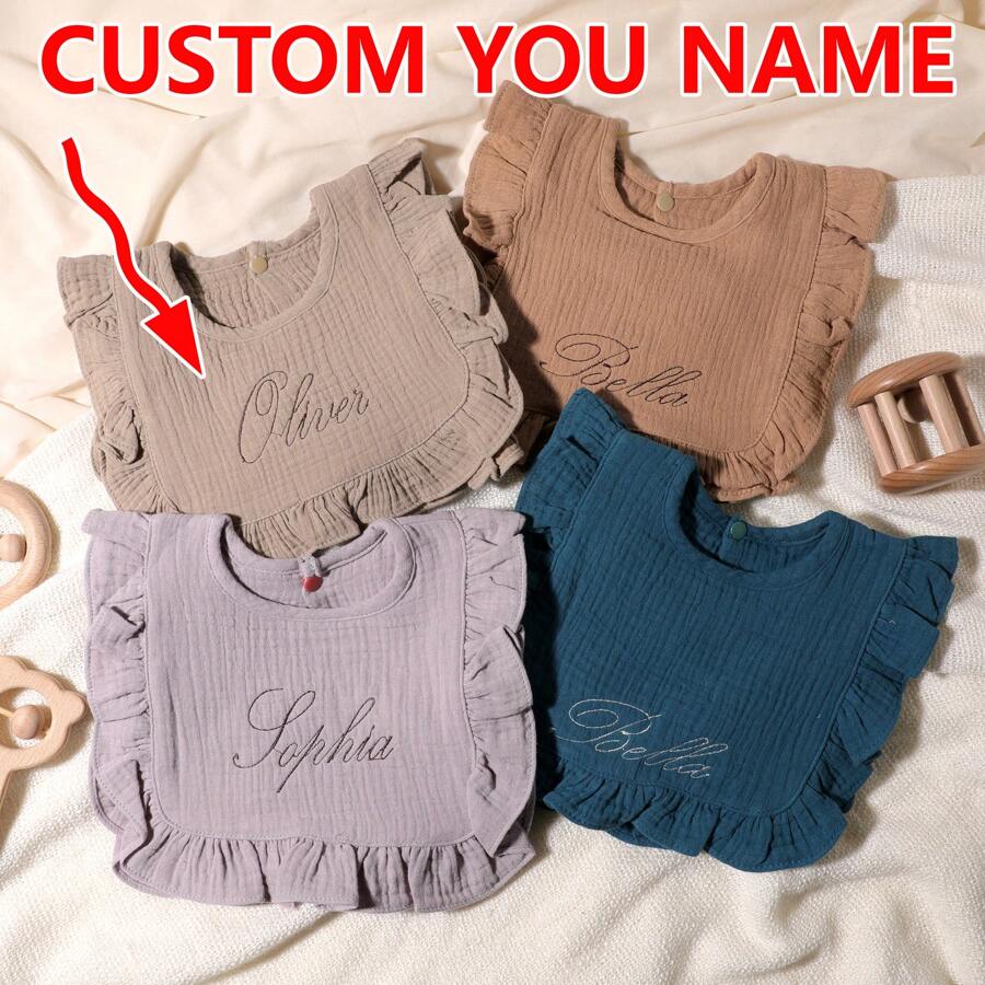 1 件定制刺绣名字婴儿围兜围兜装扮婴儿礼物适合男孩和女孩 - 彩色 - 查看 1