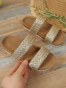 男女童户外厚底拖鞋夏季新款圆头面料编织设计时尚大方时尚儿童复合底拖鞋 - 金色 - 查看 7