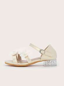 1 par de sandalias doradas con diseño de hebilla en forma de lazo, tacón ancho cómodo y punta abierta, para niños/niños pequeños, de estilo elegante y versátil, para primavera/verano/otoño