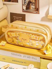 1 Large-Capacity Pencil Case, Cute Cartoon, Three-Layer Canvas Stationery Box For Students, High Appearance Level, Dirt-Resistant Pencil Case, Transparent Visible Hand-Held Stationery Bag, Washable Storage Bag,Pencil Pouch,School Bag, School Supplies,Back To School