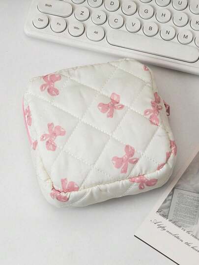 1 Cute Girly Quilted Flower Pink Printed Bow Love Flower Mini Makeup Storage Bag Hygiene Bag Napkin Bag Digital Product Storage Bag Girls Tampon Storage Bag Female Cosmetic Bag Coin Purse Cosmetic Bag Tampon Storage Bag Underwear Tampon Menstrual Cup Reusable Waterproof Travel University Dormitory Home Bathroom Back To School Supplies