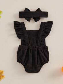 Infant Newborn Baby Girl Halloween Outfits Ruffle Sleeveless Corduroy Overalls Romper Ghost Suspender With Headband - 黑色 - 查看 3