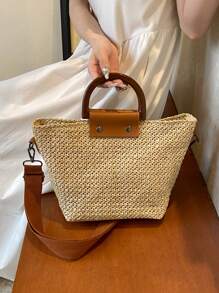 1 件时尚休闲通勤简约度假风格纯色草编轻便多功能通勤女士草编沙滩手提包适合户外度假旅游休闲购物与时尚服饰搭配