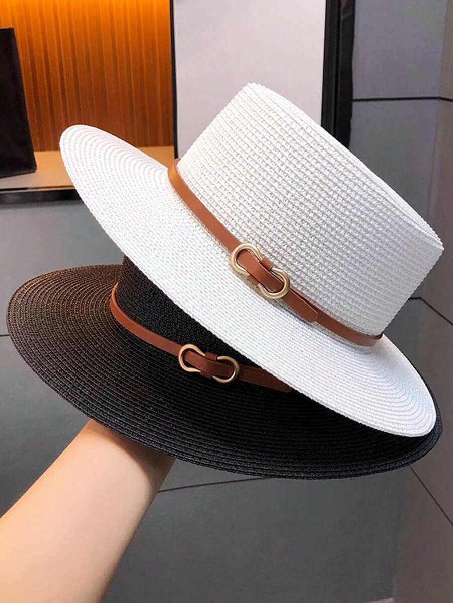 Sunscreen Hat, Summer Straw Hat Big Brim Woven Wide Brim Sun Hat British Flat Top Beach Cap, Fashion Personalized Versatile Solid Color Bohemian Polyester (Polyester) Wind And UV Protection Hat, Spring & Summer - Hat - View 1
