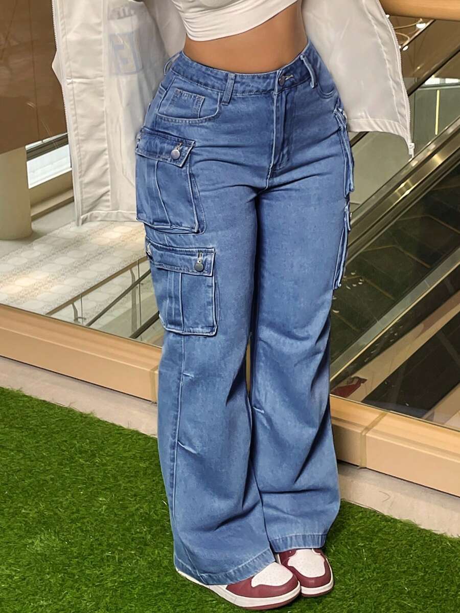 Women's Plus Size Cargo Jeans - Straight Leg Workwear Denim Pants With Utility Pockets, Streetwear Oversized Tactical Pants For Curvy Women, Comfort Stretch Wide Leg - 深色水洗藍 - 查看 1