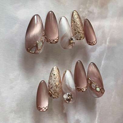 24 件杏仁形扎染棕色水钻猫眼闪光假指甲套装包括 1 件果冻凝胶和 1 件指甲锉，浪漫秋冬金属装饰指甲女士美甲，适合生日、工作、约会按压指甲美甲用品