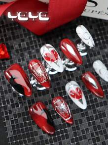 Transform Your Nails With 10pcs Almond Shape Japanese Style Red White Valentine's Day Heart Creative Full Coverage Fake Nail Set European Style Butterfly Sweet Love Funny Full Cover Acrylic False Nail Kit For Women And Girls Nordic With 1pc Mini Nail File & 1 Sheet Adhesive Tabs