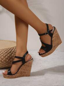 Sandalias de plataforma, chancletas de estilo hada versátiles, suela gruesa, sandalias de cuña, sandalias de plataforma para mujer, zapatos para mujer talla grande, cuñas de tacón grueso impermeables - Negro - Ver 3