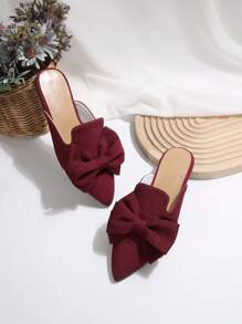 女士尖头蝴蝶结装饰半露背穆勒鞋一脚蹬乐福鞋，酒红色，优雅百搭平底鞋，适合春秋季节 - 酒紅色 - 查看 8
