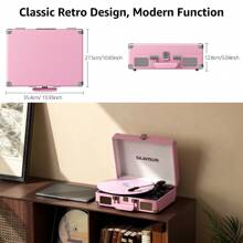 SILWISUN Vinyl Record Player Bluetooth Vintagewith Built-In Battery 3-Speed Portable Suitcase Turntables With Built-In Speakers, Belt-Driven LP Player Support USB Recording AUX-In RCA Line Out Headphone Jack, Pink - Coral Pink - View 5