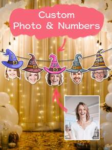 Pancarta personalizada con foto del rostro en sombrero de bruja, decoración de fiesta, pancarta personalizada con foto del rostro para cumpleaños, pancarta de cumpleaños, foto personalizada en pancarta (5 diseños)