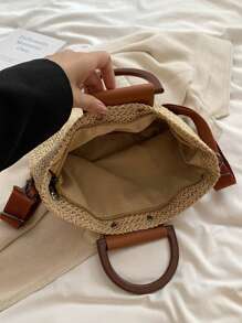 1 件时尚休闲通勤简约度假风格纯色草编轻便多功能通勤女士草编沙滩手提包适合户外度假旅游休闲购物与时尚服饰搭配