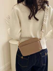 迷你简约纯素斜挎包，时尚PU单肩包，女士休闲手提包兼钱包，宽肩带女士钱包 - 卡其色 - 查看 3