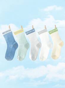 5 Pairs Boys Thin Mesh Vertical Stripe & Letter Pattern Crew Socks, Fresh Colors, Breathable, Lightweight, Elastic, Ankle Height, Suitable For Spring/Summer