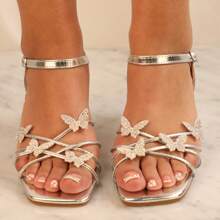 NARI-1 Womens Heels Butterfly Embellished With Ankle Strap Slip On Open Toe - Silver - View 4