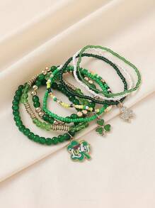 8pcs/Set Bohemian Clover Openable Box Heart Pendant Beaded Bracelet Stacking Bracelets, Suitable For Women Beach Holiday Casual Party Club Accessories - Green - View 8