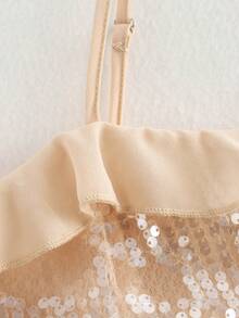 Women Sequin Patchwork Spaghetti Strap Casual Camisole Tank Top - Apricot - View 5