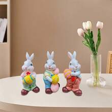 3 figuras de conejo abrazado, estatua de huevo de Pascua, lindas decoraciones de Pascua de resina para interiores y exteriores. - vistoso - Ver 4