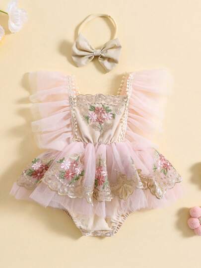Baby Girl Outfit Embroidery Flower Fly Sleeve Romper With Bowknot Hairband Summer Clothes