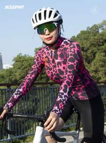 HISERWA Conjunto de jersey de ciclismo de manga corta con estampado de leopardo morado, jersey de ciclismo transpirable y de secado rápido para mujer, jersey de ciclismo de manga larga transpirable y de secado rápido para bicicleta de montaña - Rosa - Ver 2