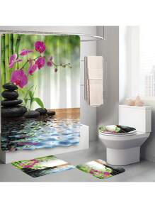 1pc/4pcs Bamboo Waterfall Pattern Shower Curtain Set, Waterproof Shower Curtain With 12 Hooks, Bathroom Rug, U-Shape Toilet Mat, Toilet Lid Cover, Bathroom Divider, Bathroom Accessories, Bathroom Decor