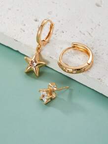 3 件套简约月亮星和心形环状耳环设计，优雅夹式耳环，配合成锆石、铜耳针，适合女性日常和派对佩戴，适合所有季节的百搭珠宝 - 3件套耳環 - 查看 5