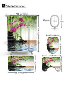 1pc/4pcs Bamboo Waterfall Pattern Shower Curtain Set, Waterproof Shower Curtain With 12 Hooks, Bathroom Rug, U-Shape Toilet Mat, Toilet Lid Cover, Bathroom Divider, Bathroom Accessories, Bathroom Decor